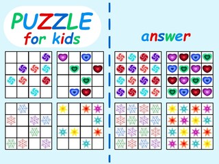 Sudoku puzzle for kids stock vector illustration. Funny childish sudoku set for winter holidays home pastime. Logical puzzle with answer horizontal printable page. Winter sudoku game without numbers