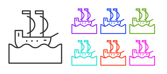 Black line Sailboat or sailing ship icon isolated on white background. Sail boat marine cruise travel. Set icons colorful. Vector.