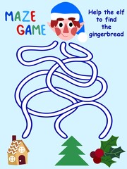 Christmas childish maze game with elf stock vector illustration. Help the elf to find the gingerbread house. Funny educational colorful worksheet for printing and enjoy. Vertical cartoon game page