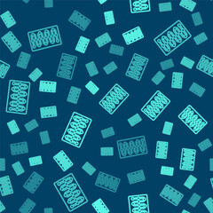 Green line Board game icon isolated seamless pattern on blue background. Vector.