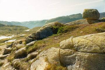 Stone rock landscape in mountain tundra, Norway, way to Trolltunga