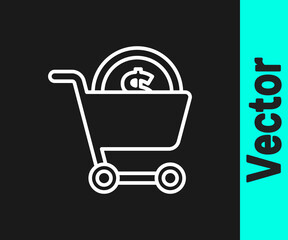 White line Shopping cart and dollar symbol icon isolated on black background. Online buying concept. Delivery service. Supermarket basket. Vector.