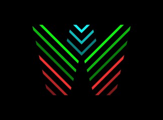W letter font logo with rgb color. Dynamic split red, green, blue color on black background. For social media,design elements, creative poster, brand label and more