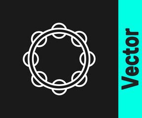 White line Musical instrument percussion tambourine, with metal plates icon isolated on black background. Vector.