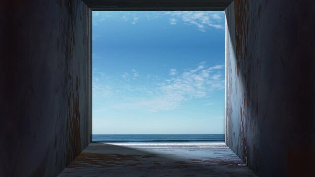3d rendering of a room with sand walls that slide with the sea in the background