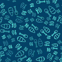 Green line Fire shovel and cone bucket icon isolated seamless pattern on blue background. Vector.