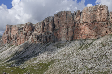 Val Chedul from Passo Crespeina down to Gardena pass and Selva village, Dolomites, South Tirol, Italy.