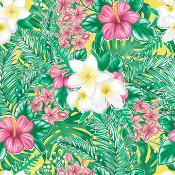 seamless pattern with tropical watercolor floral elements