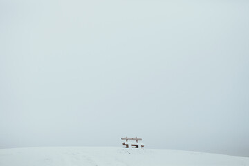 winter landscape mountain. snow mountain with wooden bench. Winter landscape