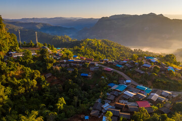 Aerial view of beautiful morning scene of mountain range in Bang Cha Po or Ban cha Bo village gi in...