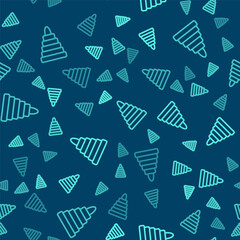 Green line Pyramid toy icon isolated seamless pattern on blue background. Vector.