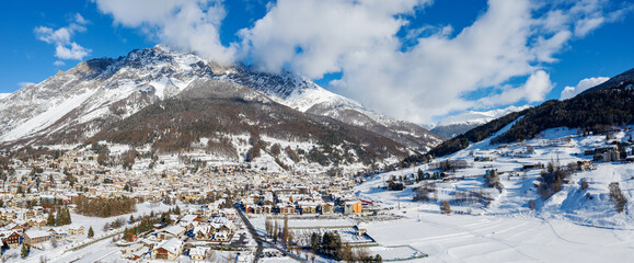 Bormio, Italy, aerial view of the town in winter
