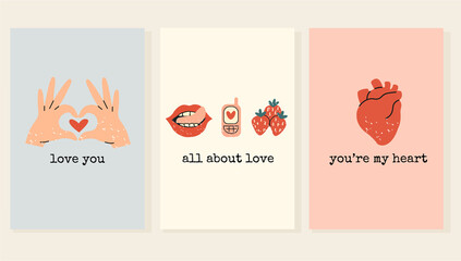 Set of three minimalistic cards for St. Valentines Day. Anatomical heart,  mobile phone, opened female mouth with tongue, strawberries, female hands and various lovely slogans