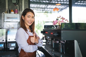 Startup new business, Business owner concept. Portrait of Asian young woman working in coffee shop