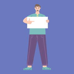 Illustration vector graphic of man cartoon character with paper holding pose in flat design. Business concept. Blue background. Perfect for business promotion, management, marketing.