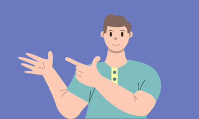 Fototapeta na wymiar Illustration vector graphic of man cartoon character with pointing pose in flat design. Business concept. Blue background. Perfect for business promotion, management, marketing.