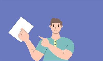Illustration vector graphic of man cartoon character with paper pointing pose in flat design. Business concept. Blue background. Perfect for business promotion, management, marketing.