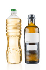 Olive and sunflower oil bottles on white background