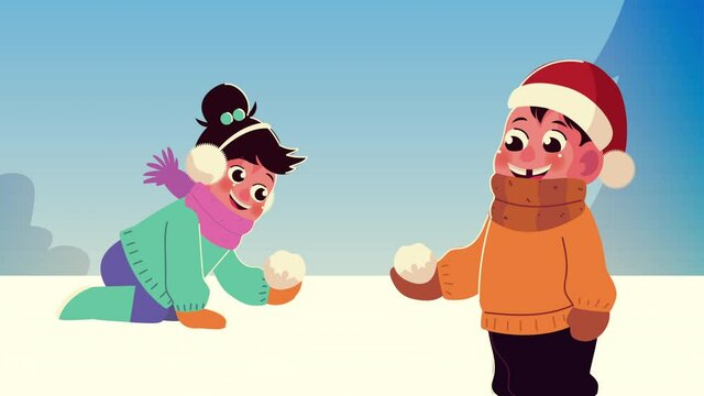 kids couple wearing winter clothes playing with snowball in the snowscape