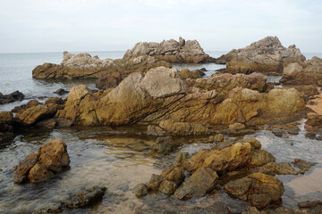 Fototapeta premium unique sandstone rocks shape by the sea. Reef stone on nature background.