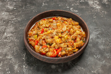 top view roasted eggplant salad in bowl on dark background free place