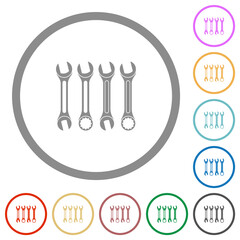 Set of wrenches flat icons with outlines