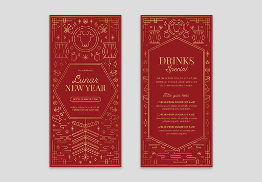 Chinese Lunar New Year Menu with Firecracker Lantern and Fan