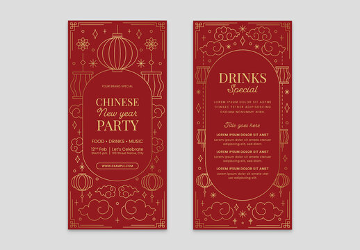 Chinese Lunar New Year Menu with Lanterns and Cloud