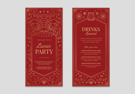Chinese Lunar New Year Menu with Lion Dance Lantern and Cloud