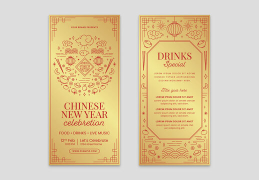 Chinese Lunar New Year Menu with Lucky Symbol and Decorative Elements