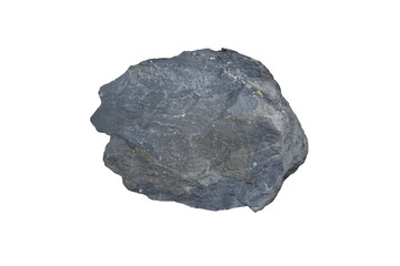 A piece raw specimen of black shale rock isolated on a white background.