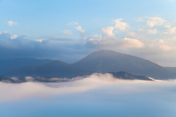 Mountain Homyak in deep fog. Ukraine, Carpathians.