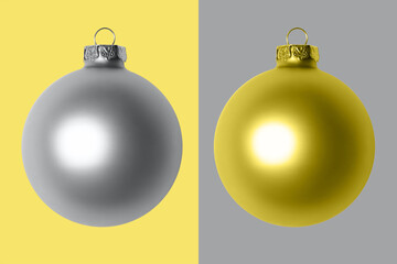 Christmas composition with golden and silver balls on a yellow and grey background. Color of the year 2021. Ultimate Grey and Illuminating background.