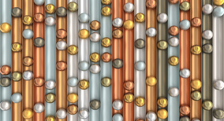 abstract background with gold, silver and copper-colored spheres.