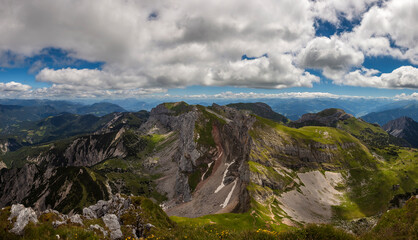 Fototapeta na wymiar Panorama view from mountain Hochiss to Rofan mountains in Tyrol, Austria