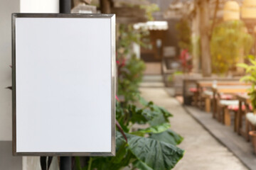 Blank advertising panel on the street. Mock up Menu frame standing in Bar restaurant cafe. space...