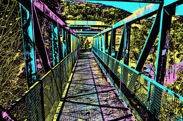Iron footbridge over small river at Monte Alegre do Sul. A little rural town amid hilly landscape in southeastern Brazil. Blacklight Poster filter.