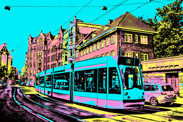 Obraz premium Amsterdam, Netherlands, June 26, 2017. Street with tram passing by in Amsterdam. Famous for its cultural life and canals. Blacklight Poster filter.