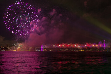 fireworks over bridge in Istanbul, Turkey