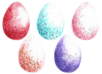 Watercolor hand drawn Easter eggs clip arts set. Five colorful eggs with grey and brown inclusions isolated on white background. Spring holiday decoration. 