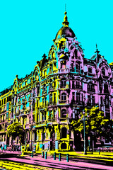 Building with flamboyant facade and people walking on a busy street in Madrid. Capital of Spain with intense cultural life. Blacklight Poster filter.