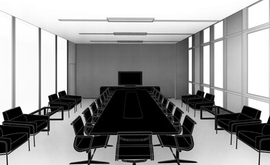 3d illustration of a big meeting room in an office. Black colored furniture with ambient shadows on the walls.