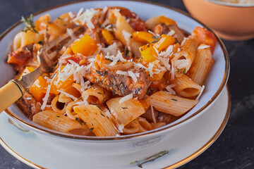 Sardines and pasta dish with parmesan cheese.