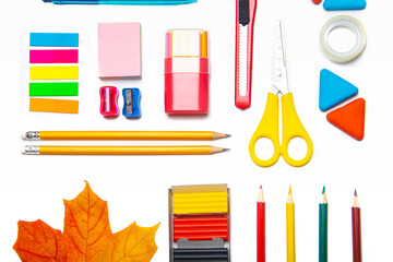 Office supplies layout on a white background copy space . School supplies. Colored stationery. Isolated background. Article about preparing for the school year. Copy space