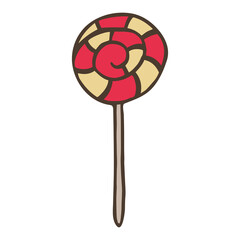 Doodle swirl lollipop illustration. Hand drawn dessert isolated on white background. Vector festive icon for candy shop poster. Sweet unhealthy food.