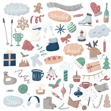 Set of vector doodle icons. Cartoon winter and Christmas pictures. All objects are isolated. Cute multicolored objects and lettering. Background and greeting card decoration.