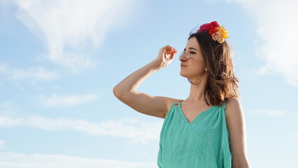 Woman with flower crown tiara diadem outdoors