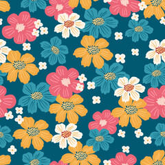 Seamless pattern with hand drawn flowers, florals,pumpkins, abstract elements. Repeating background for wrapping paper, fabric,textile, stationary products decoration.