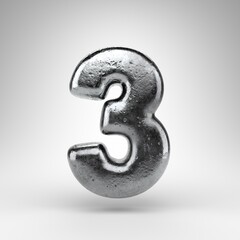 Number 3 on white background. Iron 3D number with gloss metal texture.