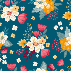 Seamless pattern with hand drawn flowers, florals,pumpkins, abstract elements. Repeating background for wrapping paper, fabric,textile, stationary products decoration.